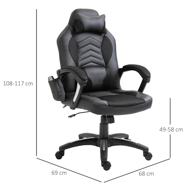 Gaming Chair Kontorstol Med Varmefunktion 6 Vibrationspunkter Ergonomisk Drejestol Massagestol Kunstlæder Sort B68 X D69 X H (108-117) Cm