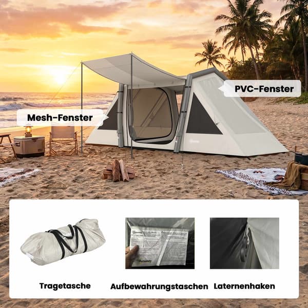 Uppblåsbart campingtält, 3 rum, mörklagt sovrum, vattentätt