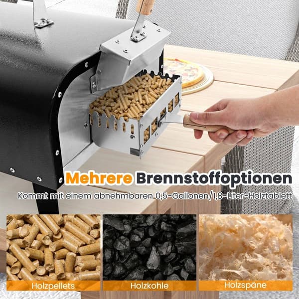 Udendørs pizzaovn i rustfrit stål med sten og termometer