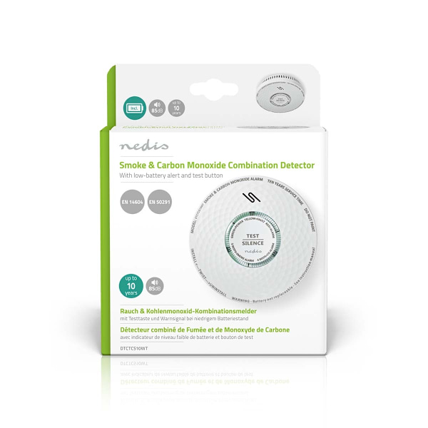 Rök & kolmonoxid Alarm | Batteridriven | Batterilängd upp till: 10 år | EN 14604 | Med testknapp | 85 dB | ABS | Vit