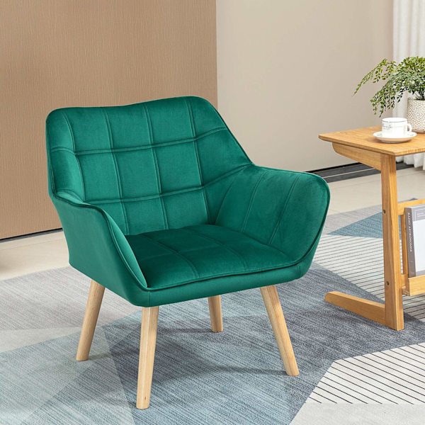 Enkeltlænestol, afslapningslænestol med fløjlslook, hævede ben, skandinavisk polstret lænestol til stue, soveværelse, 64x62x72,5cm, grøn