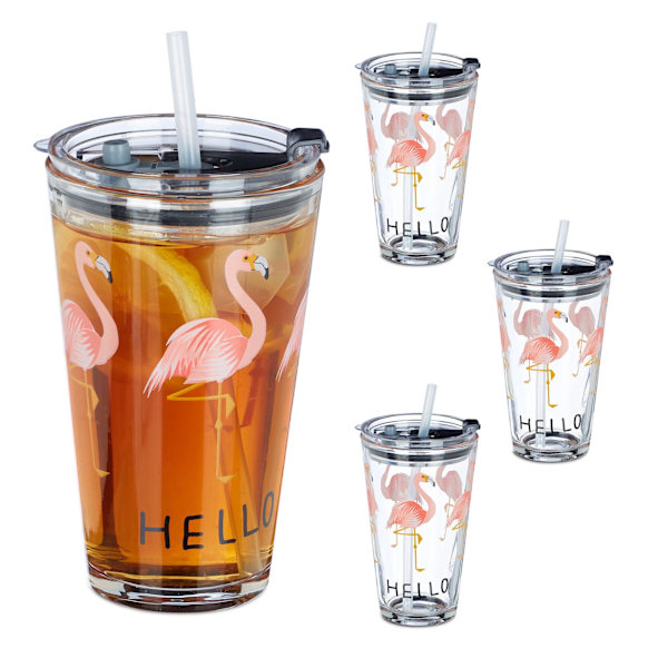 set med 4 glasflaskor Flamingo