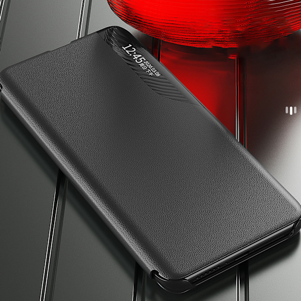 Kotelon kansi läpällä ja jalustalla Xiaomi Redmi 11A / Poco C55 / Redmi 12C Eco Leather mustalle