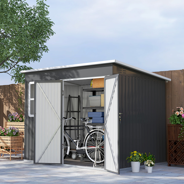 Redskabsskur 4,13 m³, haveskur, 260 x 177 x 190 cm, redskabsskur med vindue, låsbar dør, cykelgarage, haveskab af stål, til baghave, have, mørkegrå |