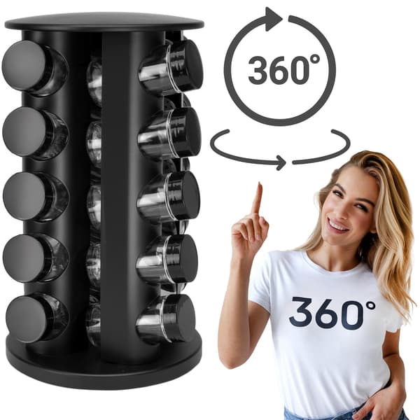 Roterende krydderirist, 20 glas, 72 etiketter, sort