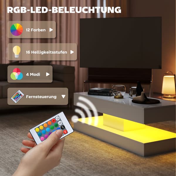 Sofabord med skuffer og LED-lys, Hvid MDF