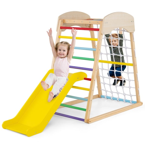 6 in 1 Pull Up Bar & liukumäki ja kiipeilykivet ja kiipeilyverkko sekä tikkaat ja tunnelikiipeilyteline värikäs