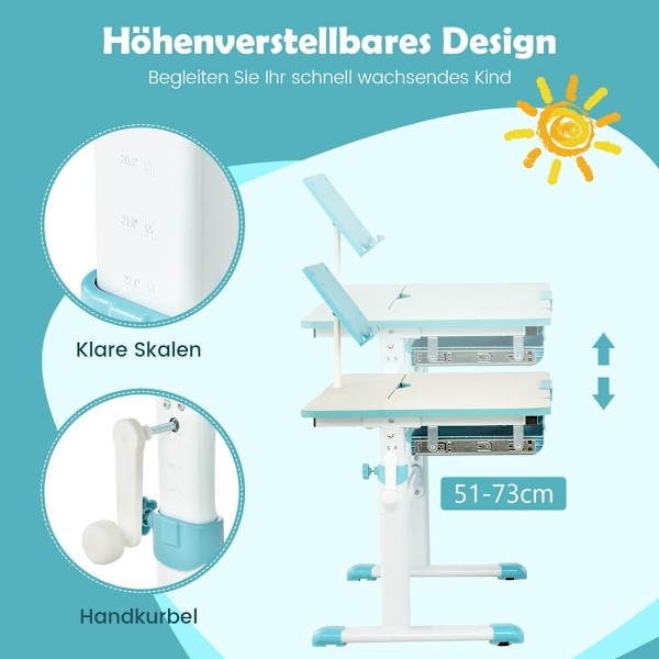 Højdejusterbart børnebordssæt med vippebordplade og bogstativ (blåt bord)