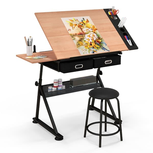 Justerbart tegnebord med skammel, vippebord, opbevaring