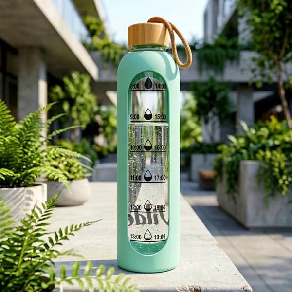 Glasvattenflaska med mintgrönt silikonfodral, 1L