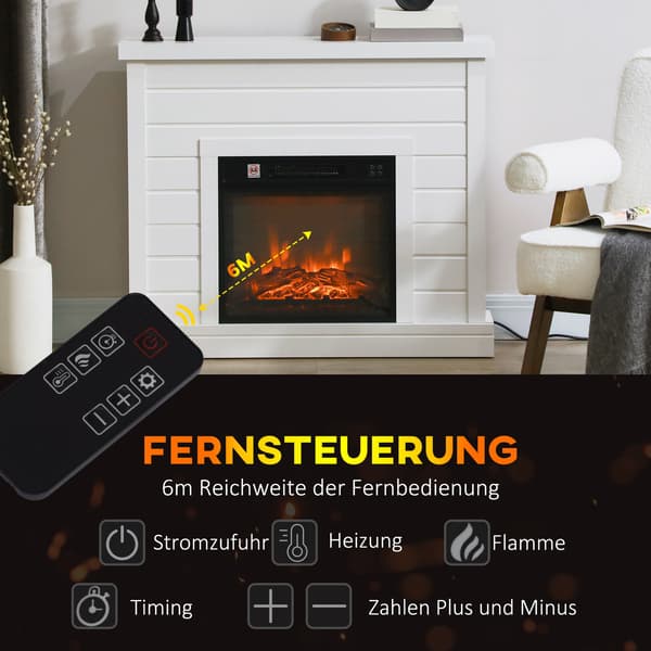 Elektrisk spis, 3D-flameffekt, timer, fjärrkontroll, vit