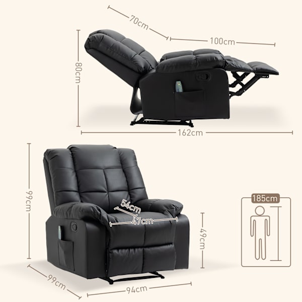 Massagestol, TV-stol, elektrisk avslappningsstol med massagefunktion, konstläder, trä, stål, skum, svart, 94 x 99 x 99 cm