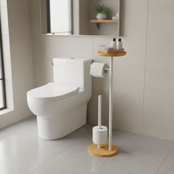 WC-paperiteline hyllyllä, bambu ja metalli