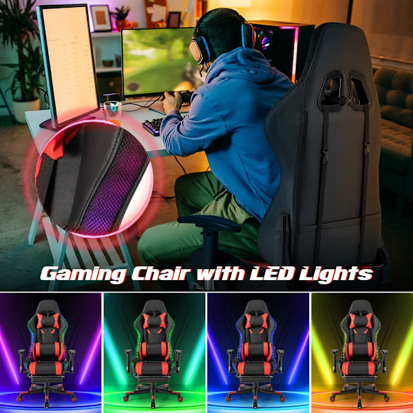 Gaming stol med RGB LED-lys & udtrækkelig fodstøtte Ergonomisk kontorstol Rød