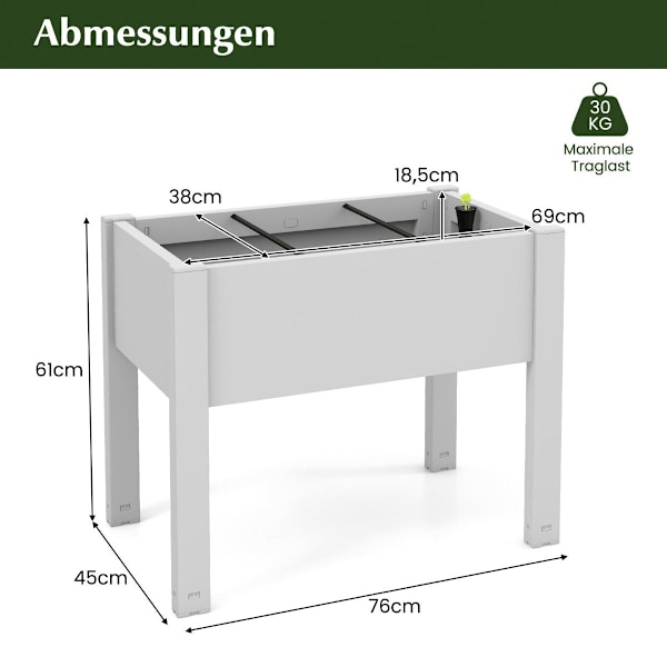 Højbed lavet af plastik, selvvandende haveseng, 53L, 76 x 45 x 61 cm, hvid