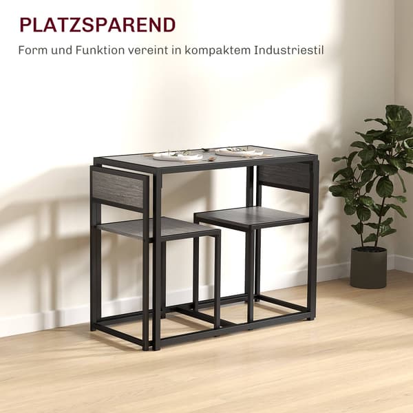 3-osainen baaripöytäsetti ja 2 tuolia, harmaa MDF, teräsrunko