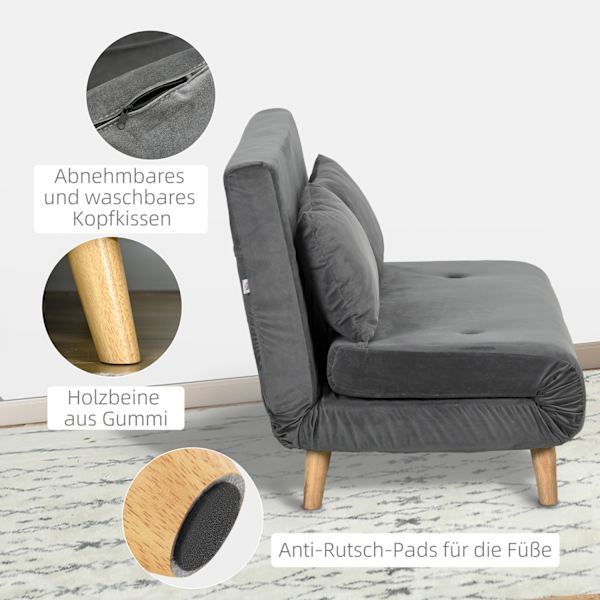 Sovesofa 2-Personers Sofa Med Sengefunktion, Klapsofa Med Justerbart Ryglæn, Hynder, Sovesofa Med Fløjlslook, Grå, 130 X 78 X 79Cm