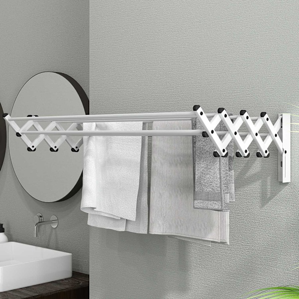 Kläder Airer Wall Utdragbar Klädtork Väggmonterad med 8 aluminiumstänger, platsbesparande torkställning för inom- och utomhusbruk 86 x 61 x 22 cm, Sil