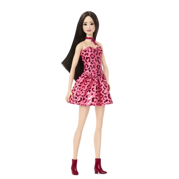 Barbie-docka i rosa leopardklänning med accessoarer