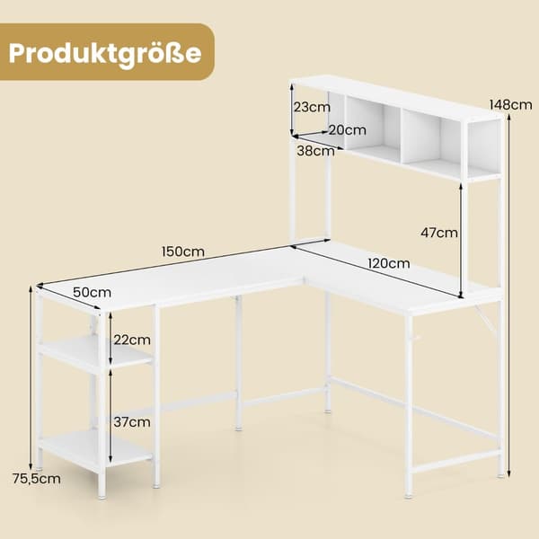 L-formet skrivebord med bogreol, hvid – pladsbesparende design
