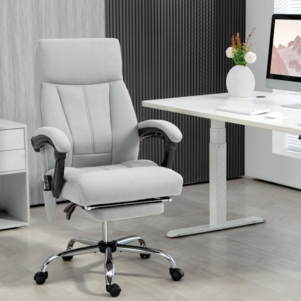 Massagekontorstol med lænefunktion, ergonomisk skrivebordsstol, højdejusterbar, direktionsstol med fodstøtte, lysegrå