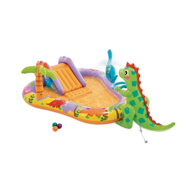 Oppustelig pool til børn vandlegeplads 201x157x69 cm dias springvand dinosaur INTEX 56139