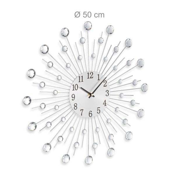 Silverväggklocka med glittrande stenar, 50 cm diameter