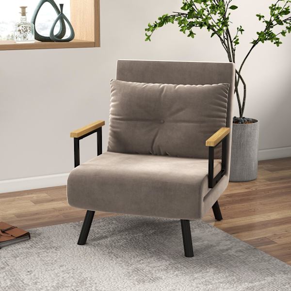 Fåtöljssäng med sängfunktion, 63 x 73 x 81 cm, med femvägs justerbart ryggstöd, platsbesparande, robust, sammetslook, ljusbrun