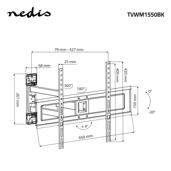 Fuld Motion TV Vægbeslag | 37-70 " | Maksimal vægt: 25 kg | Vipbar | Kan drejes | Minimum vægafstand: 79 mm | Maksimal vægafstand: 427 mm | 3 Drejepun