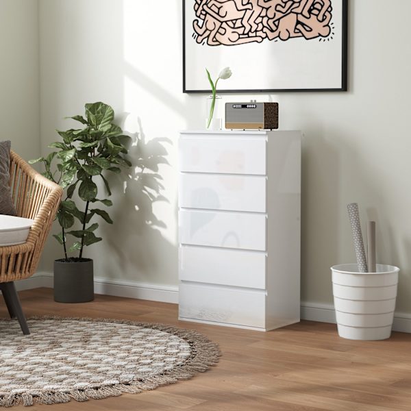 Kommode, skænk med 5 skuffer, kontorskab med anti-tip trækflige, til stue, soveværelse, hvid, 55 x 34 x 100 cm |