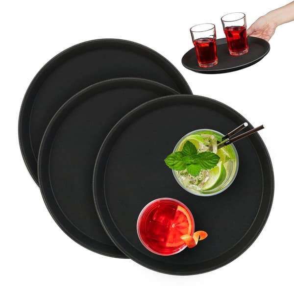 Runda svarta serveringsbrickor, halkfria, Ø28cm, 3-pack
