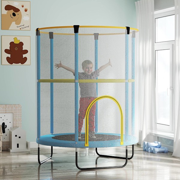 Barnstudsmatta Ø140 cm, inomhusstudsmatta med skyddsnät, gummirep, kantskydd, barnstudsmatta med dörr med dragkedja för 3-6 år barn mörkblå |