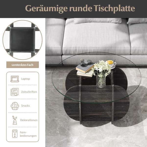 Runt soffbord, härdat glas, dold förvaring
