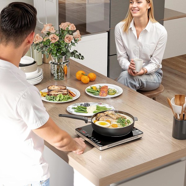 Induktionskomfur 1 plade, bærbar induktionskogeplade med 10 effektniveauer og temperaturniveauer, 2000 W, timer, børnesikring, sort