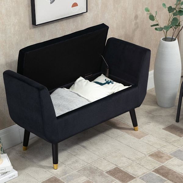 Luksus Bænk Polstret Bænk Med Opbevaringsplads Og Armlæn, Fløjlsagtig Polyester, Gummitræ, Sort, 107 X 42 X 65 Cm
