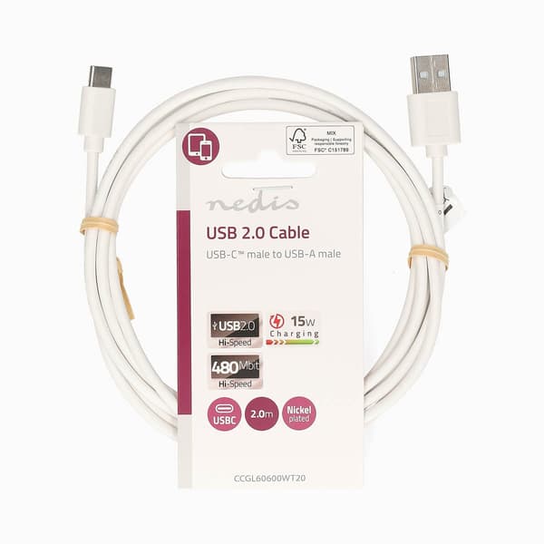 USB-A til USB-C opladningskabel 2.00 m, USB 2.0, 480 Mbps, 15 W, Hvid