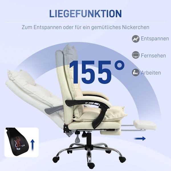 Työtuoli, 155° kallistettava, korkeussäädettävä pöytätuoli kallistustoiminnolla, jalkatuki, ergonominen kääntötuoli, beige