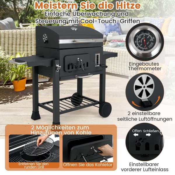 Kolgrill med fällbara sidobord, justerbar höjd