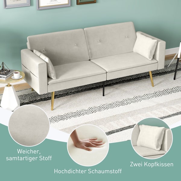 Bäddsoffa, bäddsoffa med justerbart ryggstöd, sidoficka, vadderad 2-sits soffa med sovfunktion, kuddar, för vardagsrum, sovrum, beige
