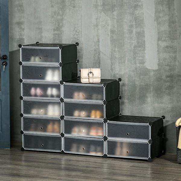Skoskab med 12 rum, modulopbygget hylde til 12 par sko, DIY plug-in hylde, skoopbevaring til entre, sort, 49 x 37 x 108 cm