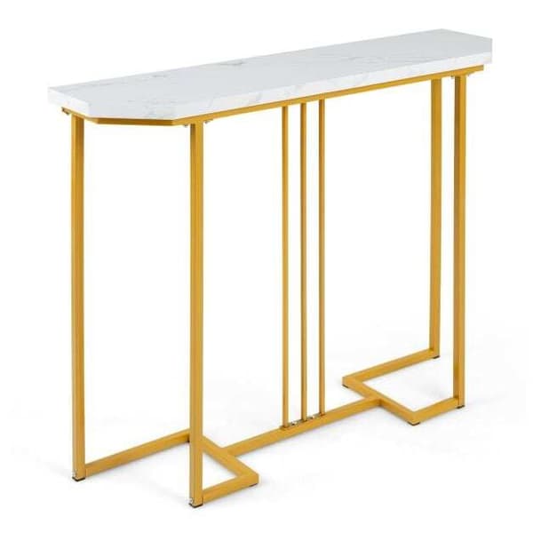 Smalt konsolbord, hvid marmorplade, guld geometrisk stel
