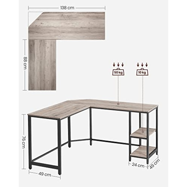 L-formet skrivebord med flytbar hylde og stort skrivebord