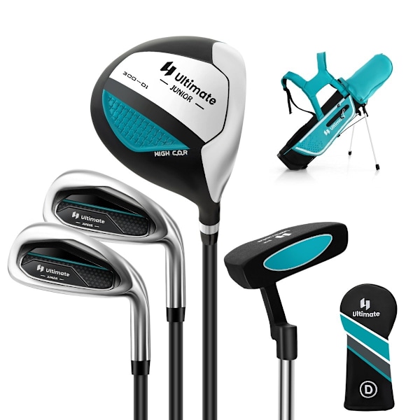 4-delat barngolfklubbset med golfbag och regnskydd för barn i åldern 8-10 år blå