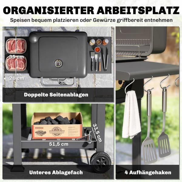 Trækulsgrillryger med justerbar kulpande og termometer