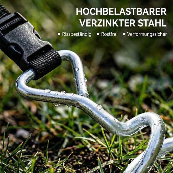 Trampolinankersæt, 4 spiralpæle, justerbare stropper