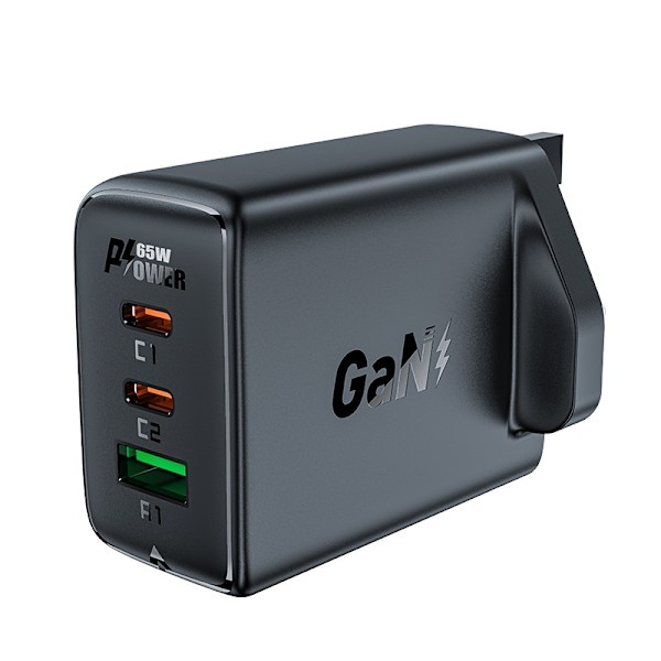 Nätladdare Engelsk kontakt UK GaN 65W 1x USB 2x USB-C PD svart