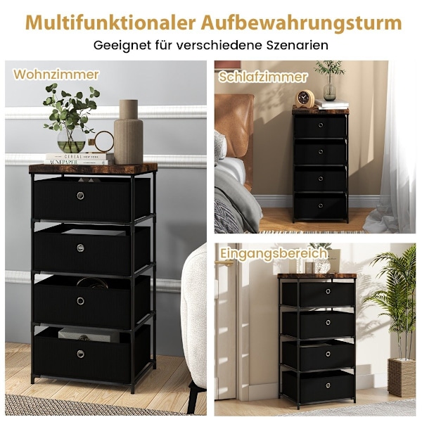 Sengebord med stofskuffer & metalstel sidebord opbevaringsskab sort