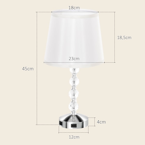 Pöytävalaisin LED-pöytävalaisin USB ladattava, kristalli yöpöytälamppu, lampun kanta E27, olohuoneeseen, makuuhuoneeseen, lasi, hopea 23 x 23 x 45 cm