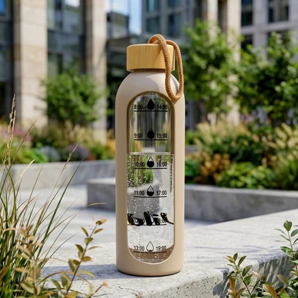 Lasinen vesipullo beigenvärisellä silikonisuojuksella, 600ml