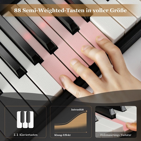 Foldbart E-tastatur Sammenfoldeligt med 88 belyste taster Digitalt tastatur Digitalt tastatur Sort